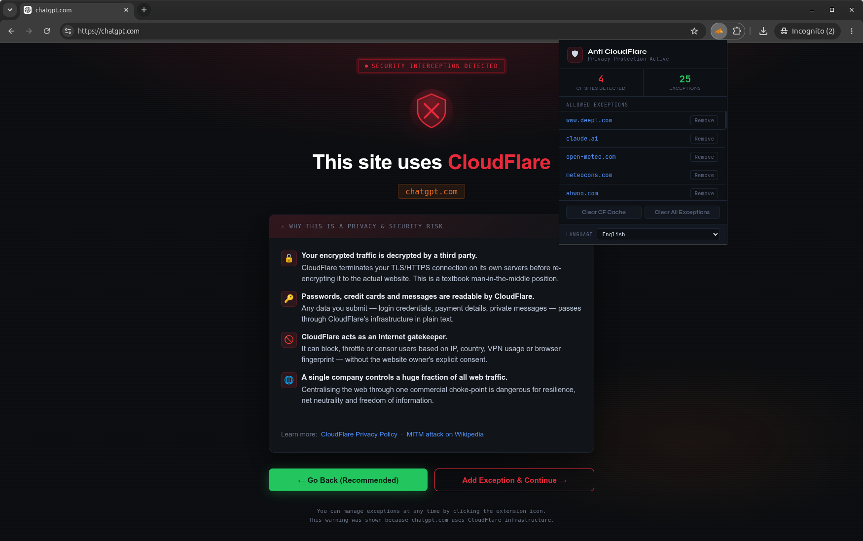 Anti CloudFlare warning screen shown on a CloudFlare-protected website